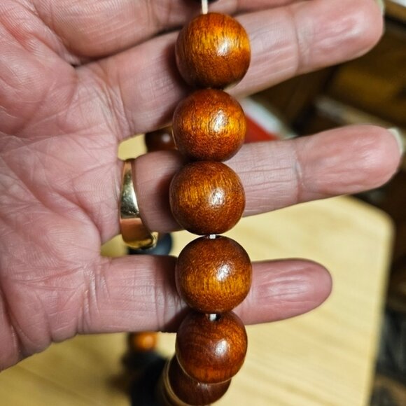 Vintage 80s Chunky Wood Orange Beads and Black Disc Necklace - Picture 3 of 5